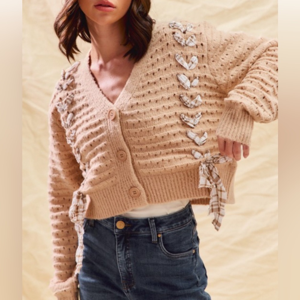 Women's Blush Knit Button-Front Cardigan with Bow Details